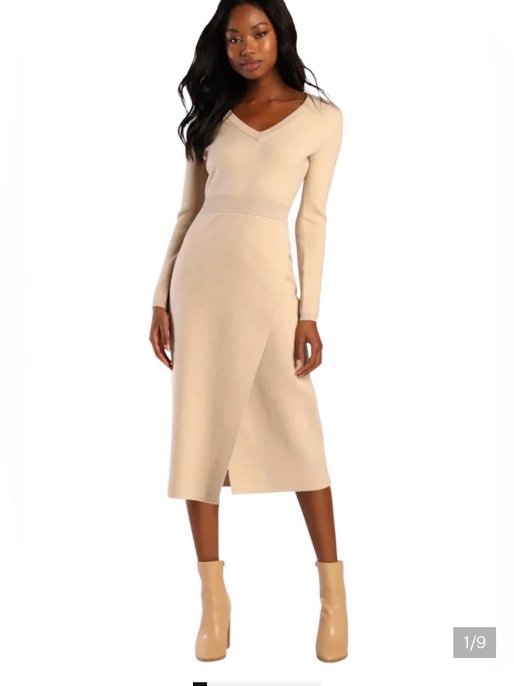 Lulus Knit's My Life Beige Long Sleeve Midi Sweater Dress